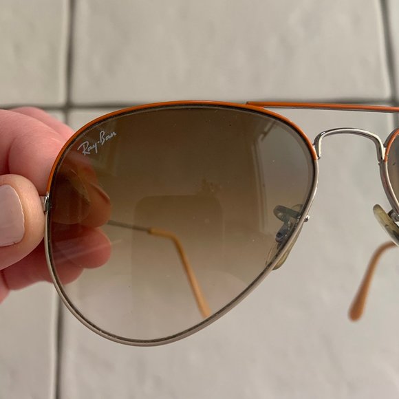 Ray Ban Aviator Sunglass with Orange and White Rim - Picture 3 of 5